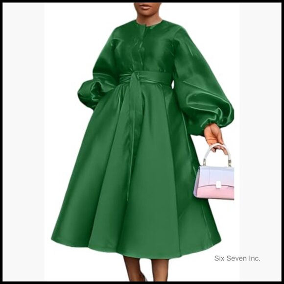 Satin Long Sleeve A Line Maxi Dress with Pockets Semi Formal - Picture 2 of 5